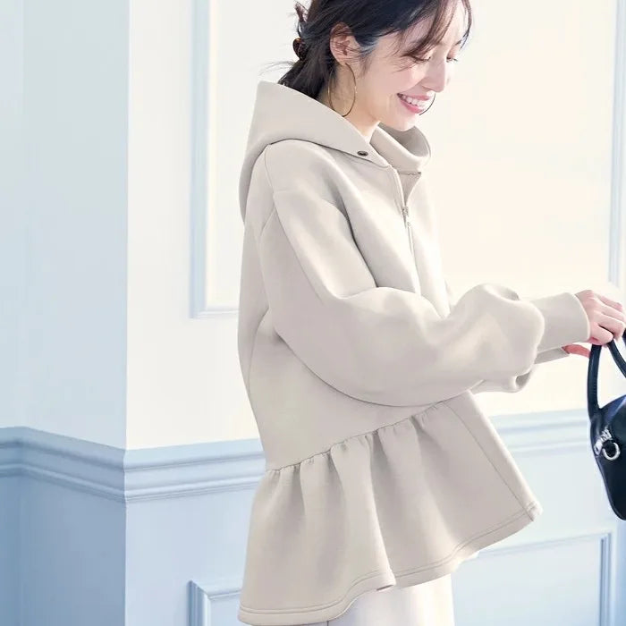 Japanese Style Hoodie Jacket | Lace Detail Casual Outerwear -  Écru Doux