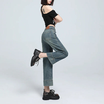 Stylish High-Waist Cropped Stretch Straight Jeans