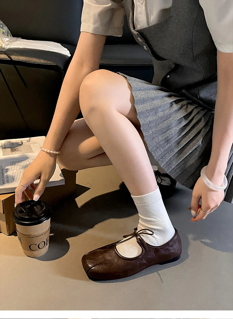 Soft Leather Ballet Flats with Butterfly Knot for Women