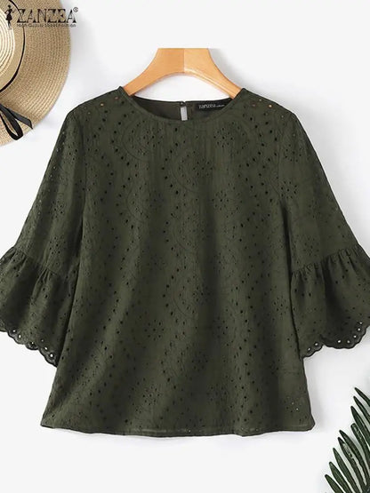ZANZEA 3/4 Sleeve Hollow Out Elegant Lace Crochet  Loose Embroidery Blouse