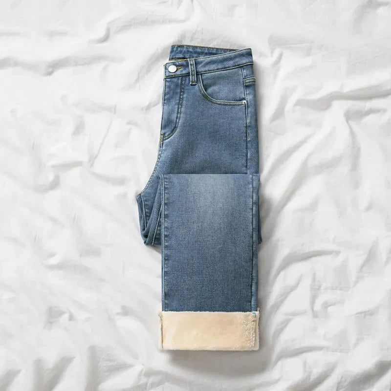 Autumn / Winter High Street Super Warm Thick Fleece Vaqueros Ankle Straight Jeans