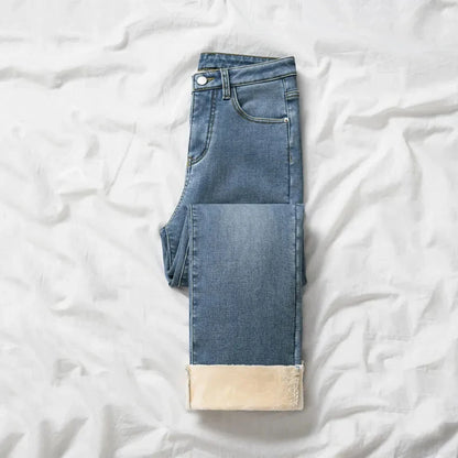 Autumn / Winter High Street Super Warm Thick Fleece Vaqueros Ankle Straight Jeans