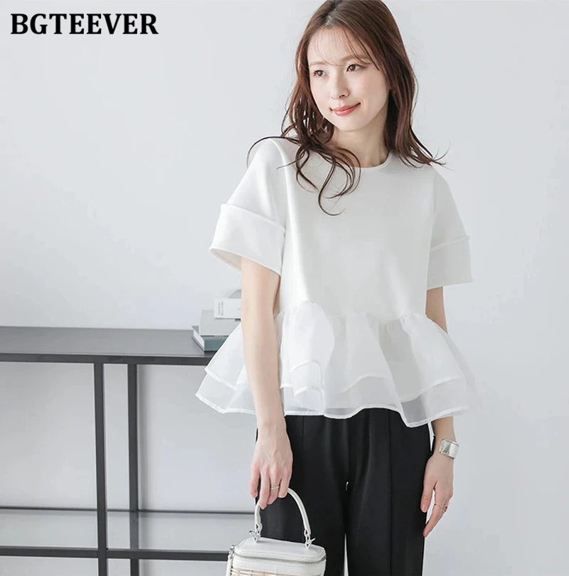 Japanese Style Short-Sleeved Ruffles Splicing T-Shirts