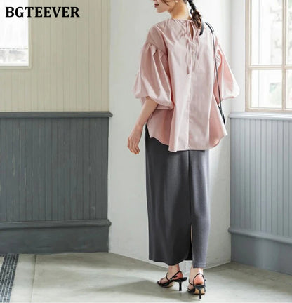 BGTEEVER Vintage Puff Sleeve Blouse | Spring Summer Lace-Up