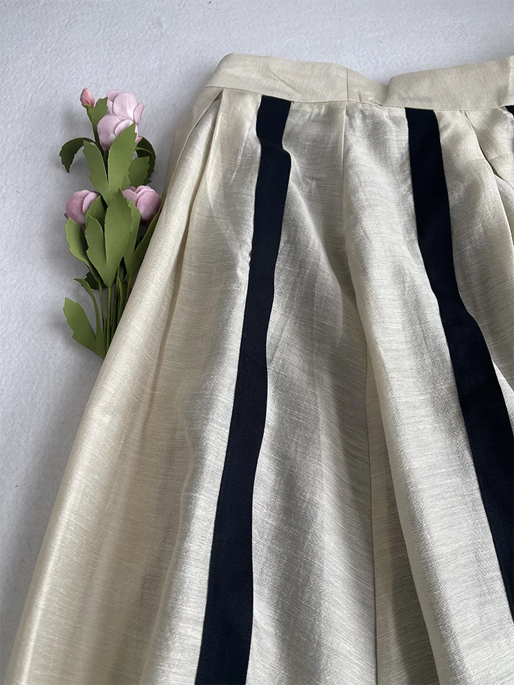 French Style Elegant A-LINE Pleated Striped Hepburn Skirt