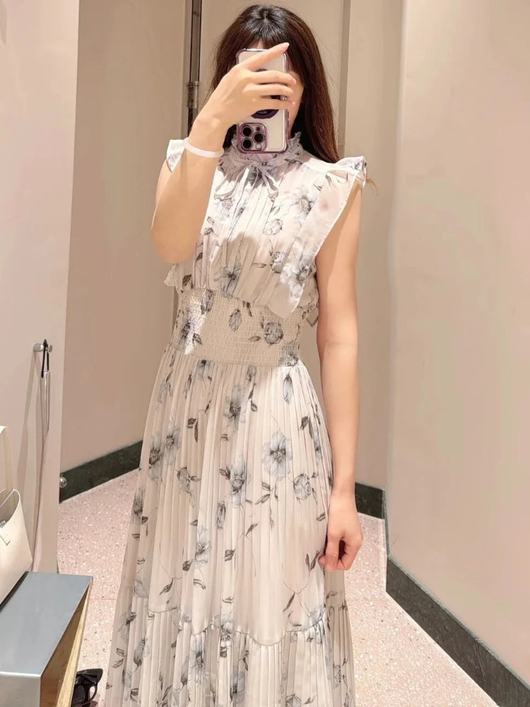 Kuzuwata Print High Waist Robe New Gentle Literary Lace Up Pleated Slim Japanese Elegant Dress