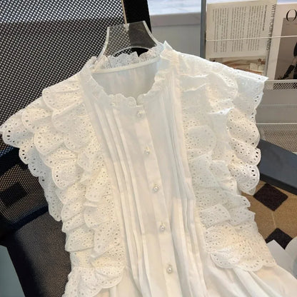 Sweet Lace Harajuku Ruffles Chic Preppy Style Vintage Sleeveless Blouse