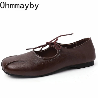 Soft Leather Ballet Flats with Butterfly Knot for Women