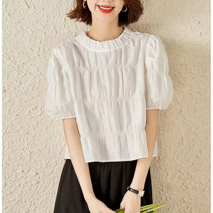 Crew Neck Pullover Puff Short Sleeve Shirring T-shirt Office Lady Chic Tops