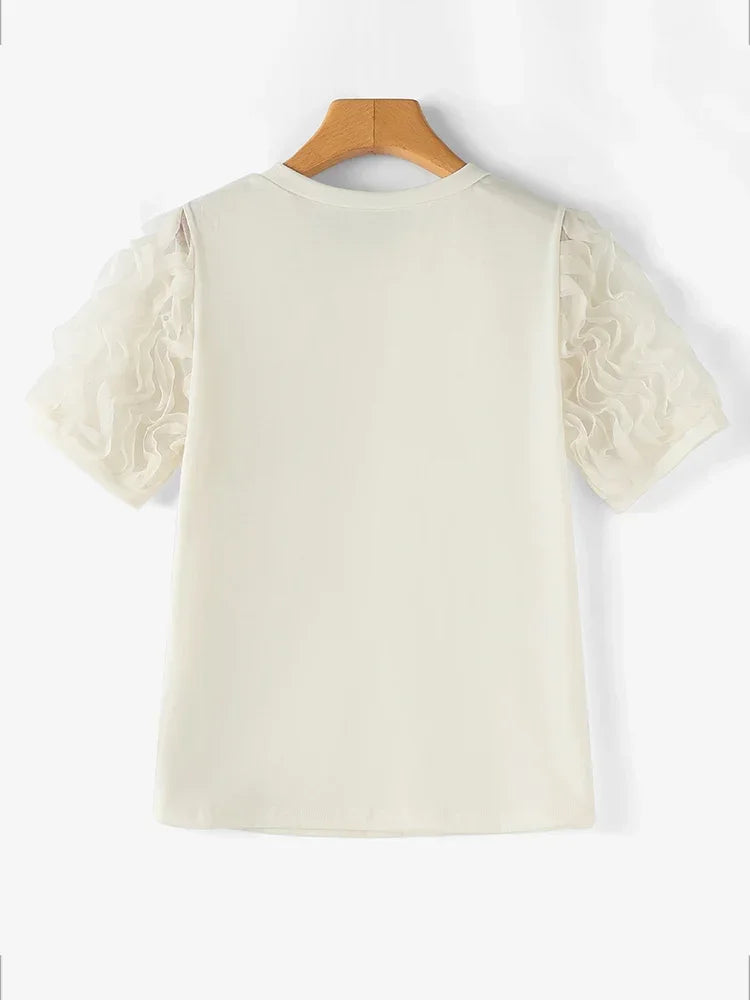 Ruffled Patchwork Lantern Short Sleeve Vintage Blouse - Écru Doux