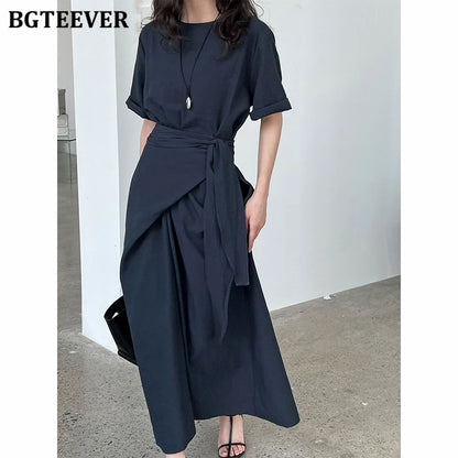 BGTEEVER Summer A-Line Dress | Slim Waist O-Neck Mid-Length