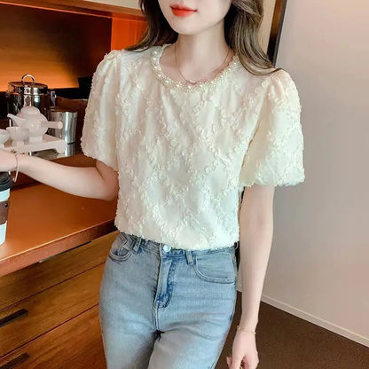 Kawaii French Bead Puff Short-Sleeved Chiffon Shirt