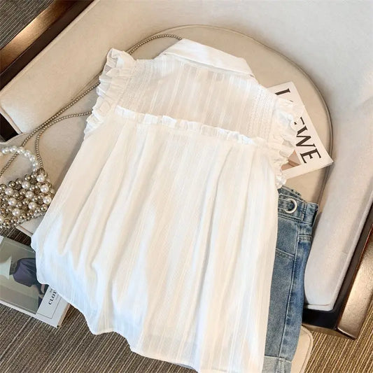 Women Kawaii Sleeveless Blouses with Solid Lace Ruffles Japanese Style