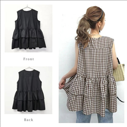 Japanese Style Ruffle Vest Top | Loose Fit Layered Blouse -  Écru Doux