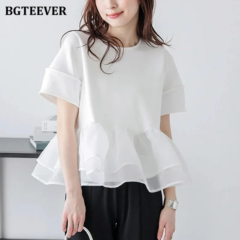 Japanese Style Short-Sleeved Ruffles Splicing T-Shirts