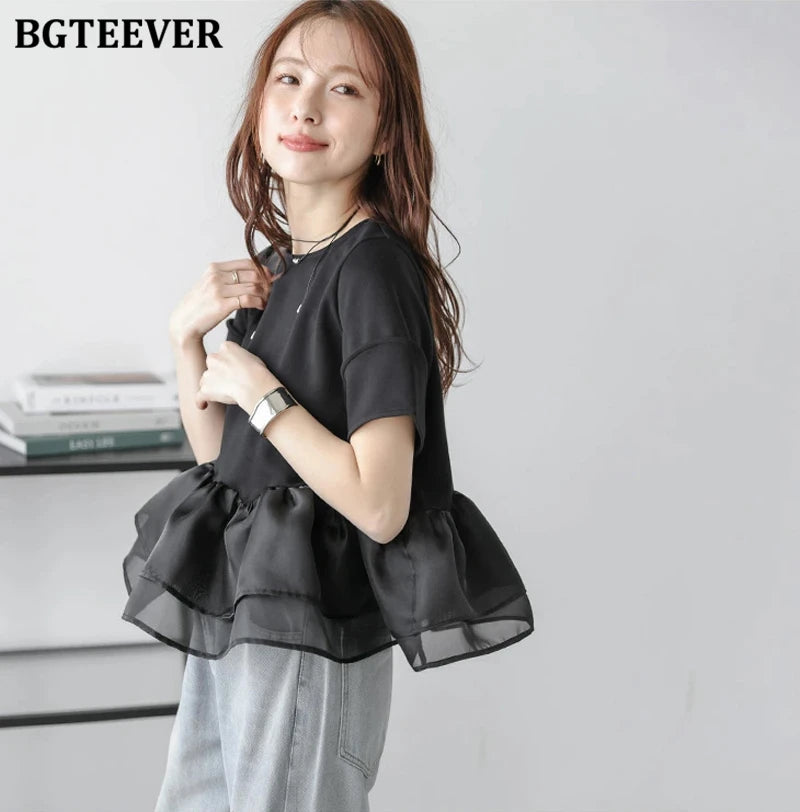 Japanese Style Short-Sleeved Ruffles Splicing T-Shirts