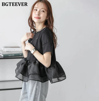 Japanese Style Short-Sleeved Ruffles Splicing T-Shirts