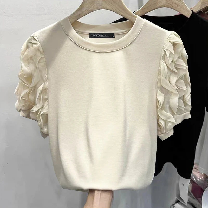 Ruffled Patchwork Lantern Short Sleeve Vintage Blouse - Écru Doux