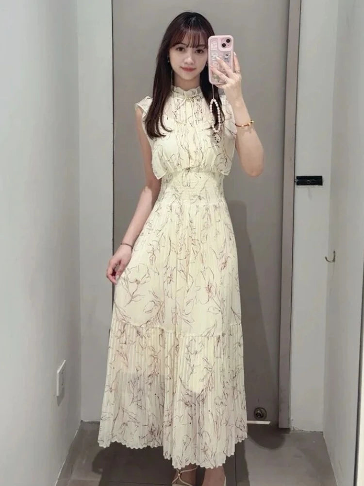 Kuzuwata Print High Waist Robe New Gentle Literary Lace Up Pleated Slim Japanese Elegant Dress