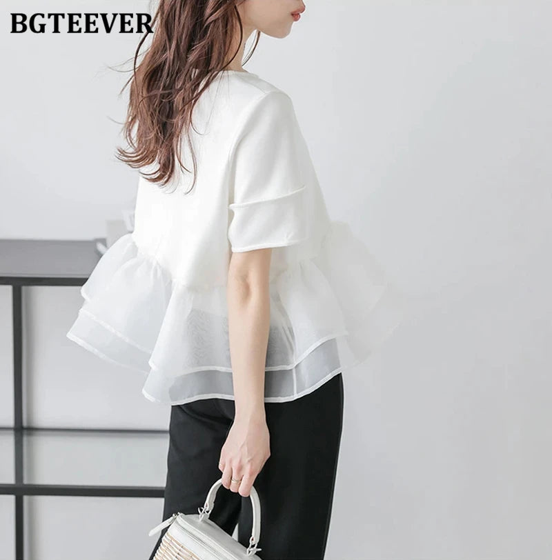 Japanese Style Short-Sleeved Ruffles Splicing T-Shirts