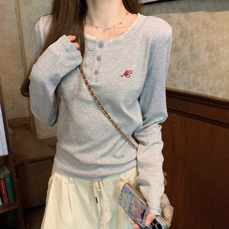 Long Sleeves O-neck T-shirt with Fake Two-piece Top