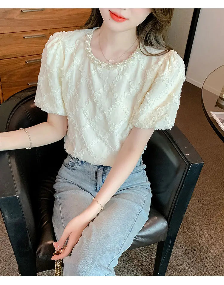 Kawaii French Bead Puff Short-Sleeved Chiffon Shirt