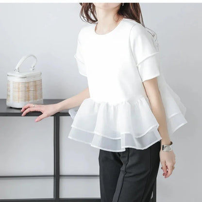 Japanese Style Short-Sleeved Ruffles Splicing T-Shirts