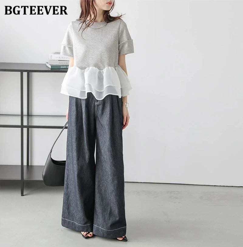 Japanese Style Short-Sleeved Ruffles Splicing T-Shirts