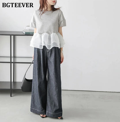 Japanese Style Short-Sleeved Ruffles Splicing T-Shirts