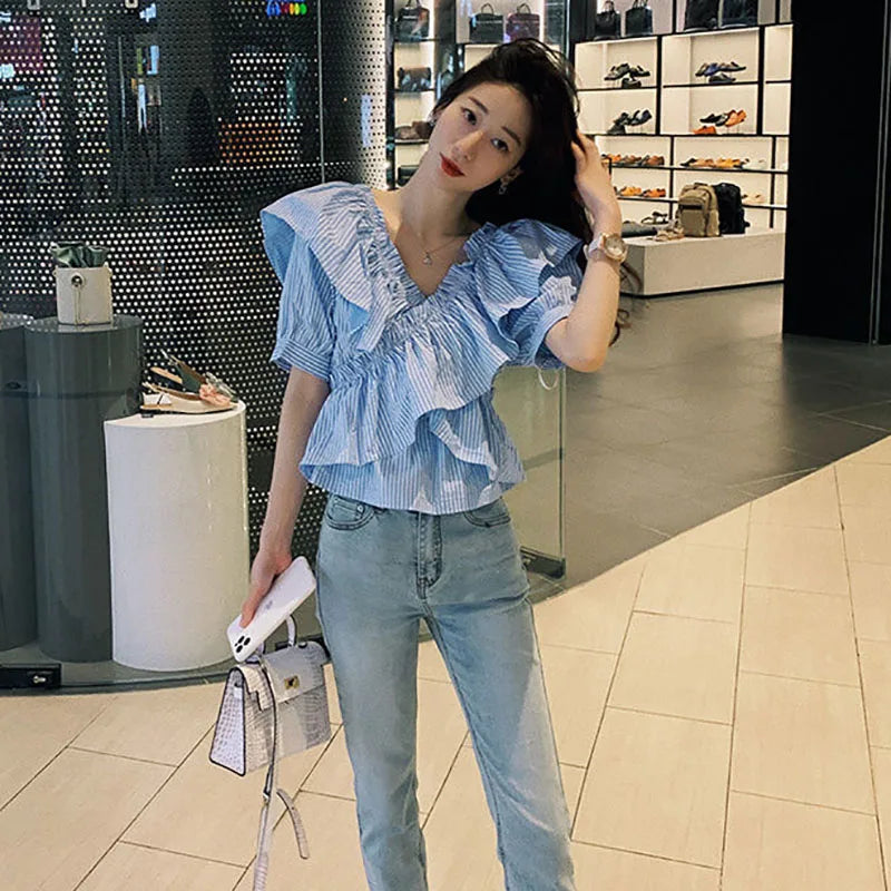 Sweet Spliced Ruffles Shirring Striped Blouse