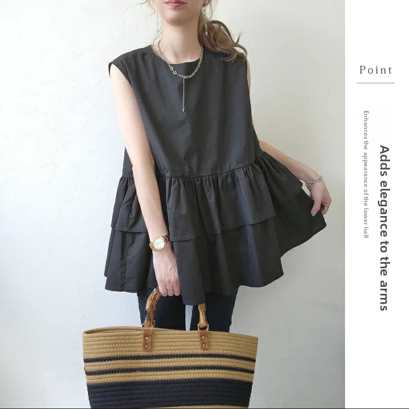 Japanese Style Ruffle Vest Top | Loose Fit Layered Blouse -  Écru Doux