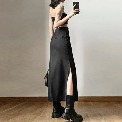 Midi Dark Grunge Tag Split Mall Gothic Punk High Raise Slim Long Skirt