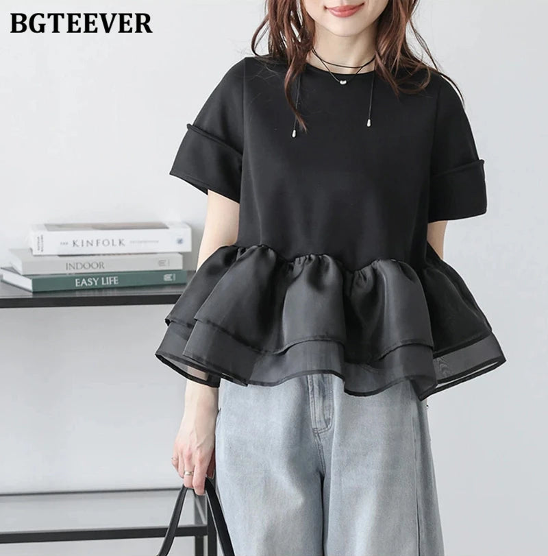 Japanese Style Short-Sleeved Ruffles Splicing T-Shirts