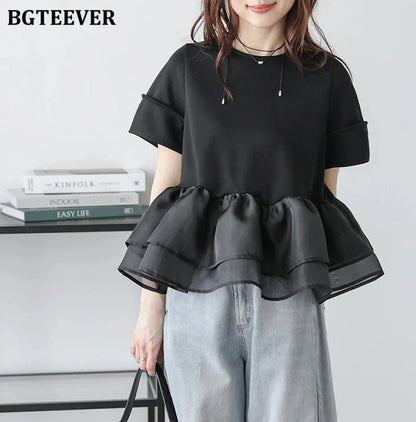 Japanese Style Short-Sleeved Ruffles Splicing T-Shirts