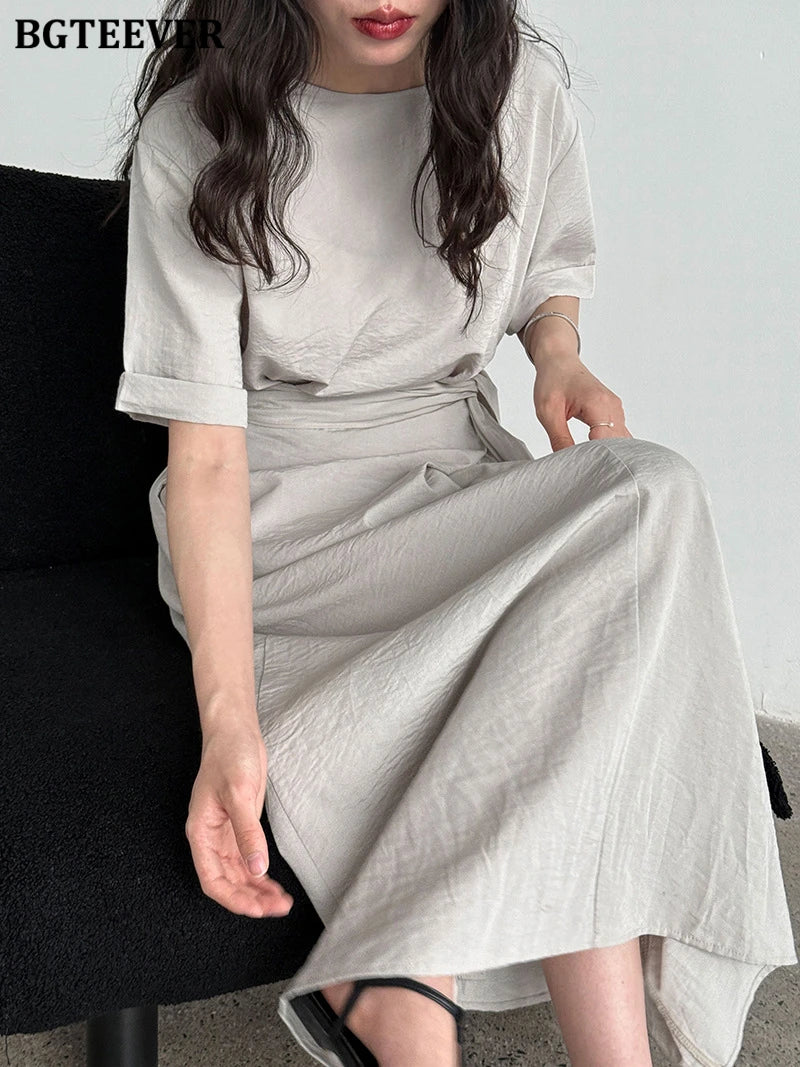 BGTEEVER Summer A-Line Dress | Slim Waist O-Neck Mid-Length