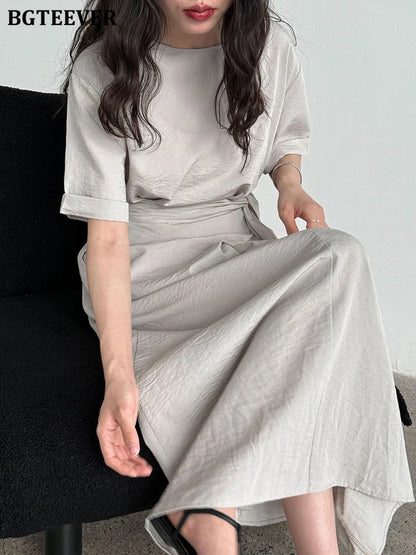 BGTEEVER Summer A-Line Dress | Slim Waist O-Neck Mid-Length