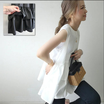 Japanese Style Ruffle Vest Top | Loose Fit Layered Blouse -  Écru Doux