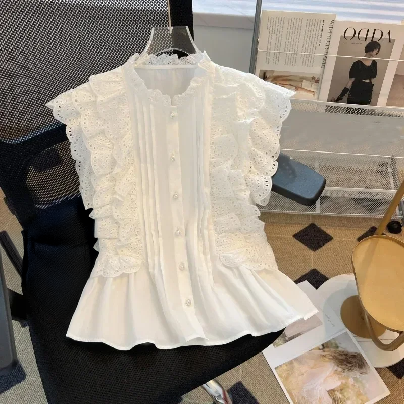 Sweet Lace Harajuku Ruffles Chic Preppy Style Vintage Sleeveless Blouse