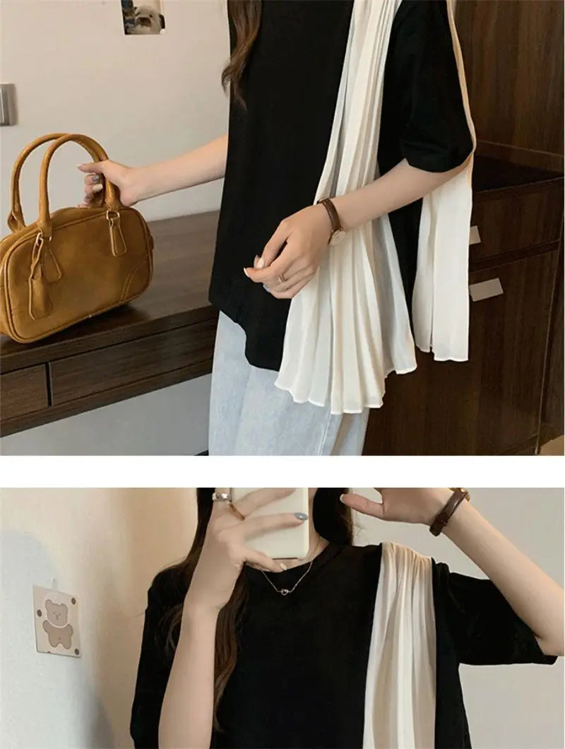 Contrasting Colors Pleats Chiffon Patchwork T-shirt