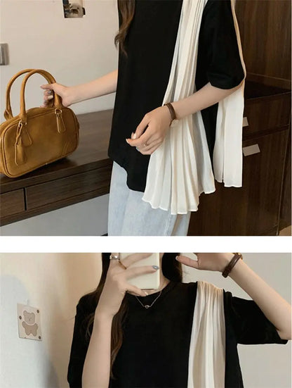 Contrasting Colors Pleats Chiffon Patchwork T-shirt