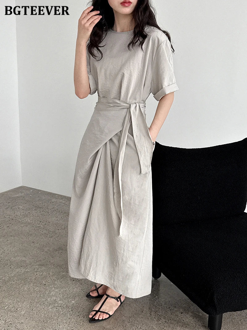 BGTEEVER Summer A-Line Dress | Slim Waist O-Neck Mid-Length