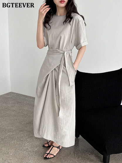 BGTEEVER Summer A-Line Dress | Slim Waist O-Neck Mid-Length