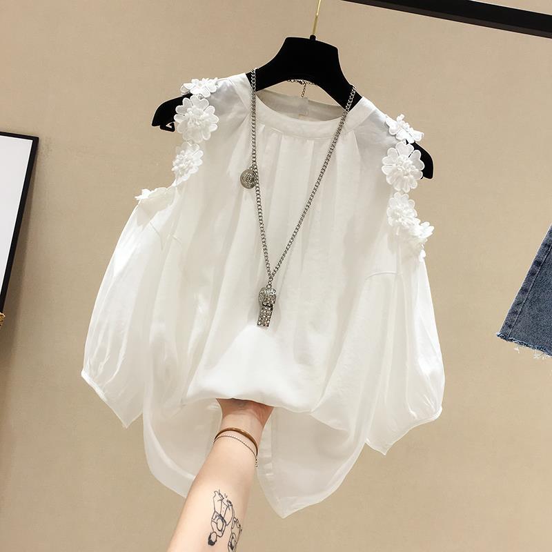 Hollow Out Appliqué Women's Off-Shoulder Shirt Summer Casual 3/4 Sleeve Blouse