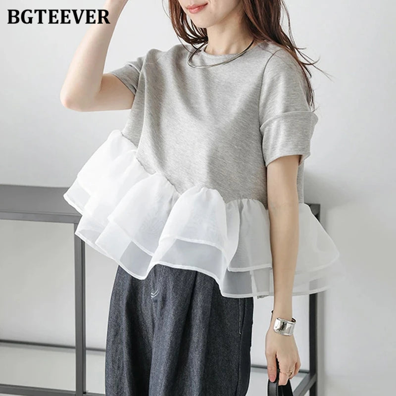 Japanese Style Short-Sleeved Ruffles Splicing T-Shirts