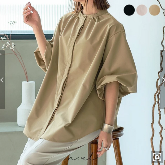 Balloon Sleeve Blouse | Band Collar Shirt -  Écru Doux