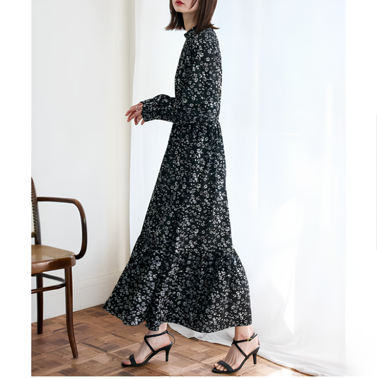 Floral Print Maxi Dress | Long Sleeve Tiered Midi Dress -  Écru Doux