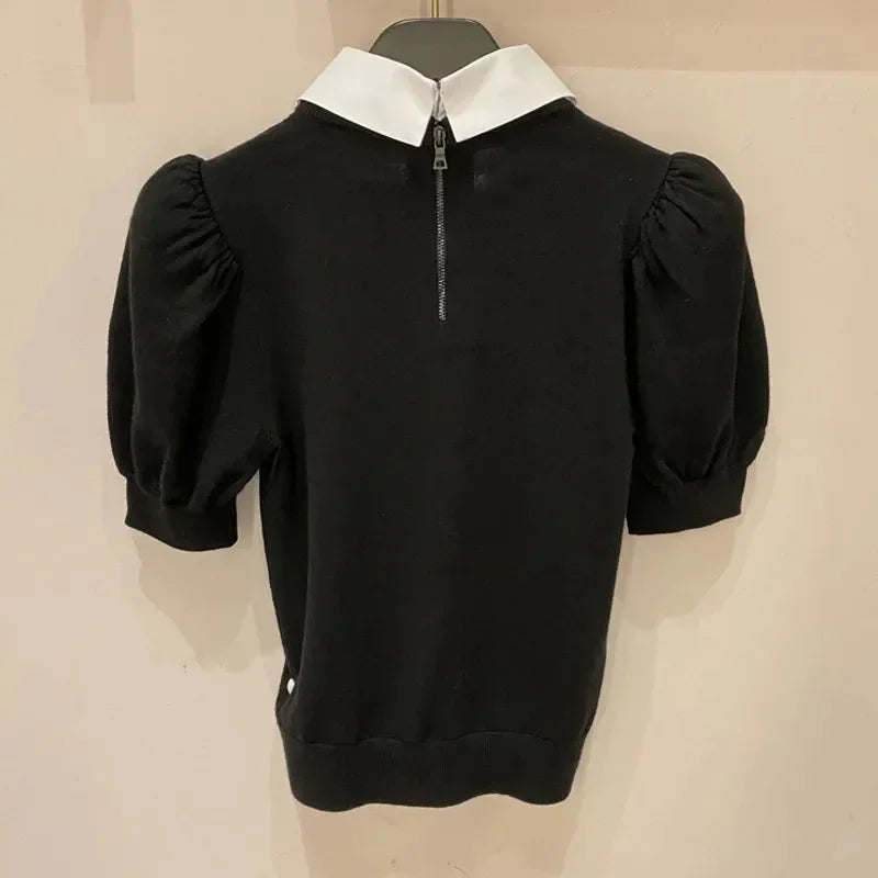 Woman Summer Camisetas Knit Vintage Puff Sleeve Tshirts with Fake Turndown Collar
