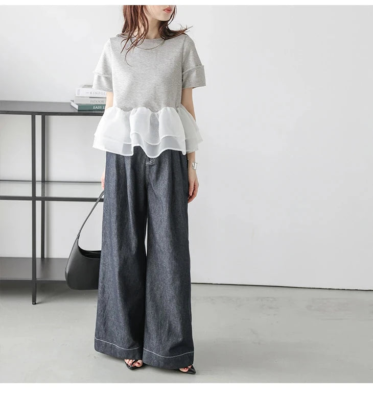 Japanese Style Short-Sleeved Ruffles Splicing T-Shirts