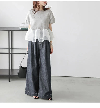 Japanese Style Short-Sleeved Ruffles Splicing T-Shirts