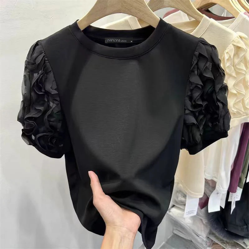 ZANZEA Ruffled Patchwork Lantern Short Sleeve Vintage Tunics Blouse